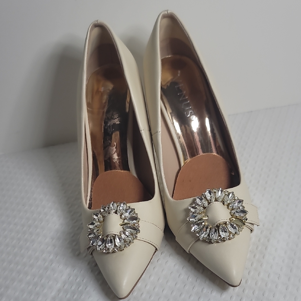 Elegant Ivory Pointed Toe Pumps with Crystal Buckle